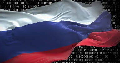 Binary code on flag of Russia. Program source code or Hacker concept on Russian flag. Russia digital technology security, hacking or programming