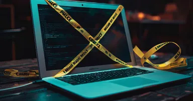 <p>A stark image of a locked down laptop with police tape across it, symbolizing the quarantine of a system following a severe malware attack</p>