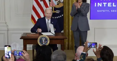 <p>Vice President Kamala Harris looks on as President Biden signs a new executive order on artificial intelligence at the White House on October 30. Today’s columnist, Rick Holland of Reliaquest, offers three proactive steps security teams can take to prepare for coming government mandates around AI. (Photo by Chip Somodevilla/Getty Images)</p>
