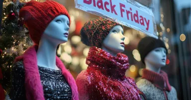 A storefront window featuring mannequins dressed in holiday attire, with a giant "Black Friday Sale" sign taped to the glass and sale percentages on each outfit.