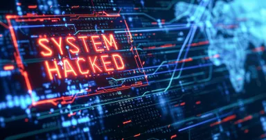 A digital warning sign with "SYSTEM HACKED" in bright red, overlaying a complex background of computer code and digital interfaces, with a deep blue and black color scheme, creating a sense of urgency and alarm.