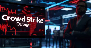 A digital display shows a CrowdStrike outage notification in a modern office environment, with professionals in the background.