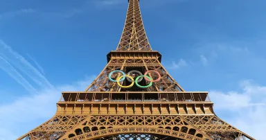 The Eiffel Tower is seen with the Olympic rings