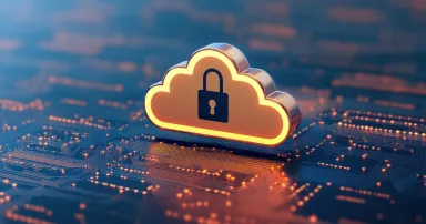 A stylized cloud icon with a lock symbolizes cloud security and data protection against cyber threats on a circuit board background.