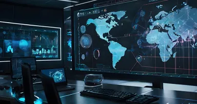 Digital screen with world map futuristic technology in military cyberspace or geopolitics