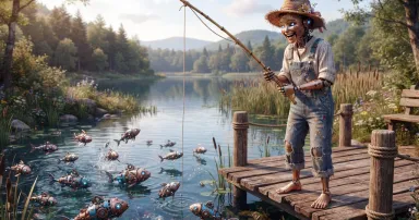A happy android dangles a fishing line from a homemade fishing rod into a pond full of robotic fish.