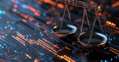 Scales of justice on a circuit board, representing digital law and cyber justice.