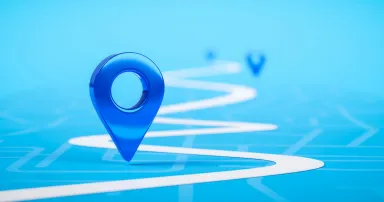 Road map of blue location pin icon symbol or gps travel route navigation marker and transportation place pointer direction street sign on city background with transport destination way. 3D render.