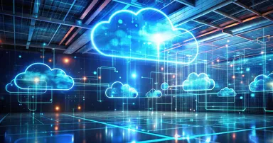 Holographic visualization of a multi-cloud environment showcasing hybrid cloud solutions
