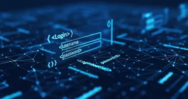 Digital login interface with data network connections and abstract code