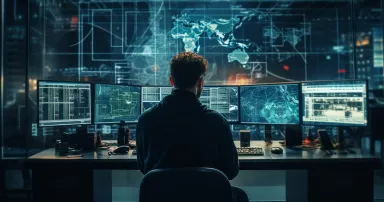 A security expert in front of multiple computer screens in a network operations centre near a server room. Cybersecurity, Cyber awareness training.