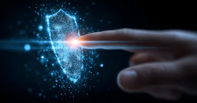 A hand interacts with a digital shield representing cybersecurity and data protection in a futuristic setting.