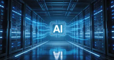 AI processor chip in modern data center server corridor with glowing digital data connections, idea for artificial intelligence computing, cloud technology and big data infrastructure