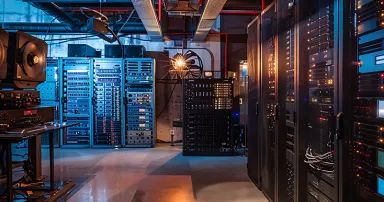 Exploring the Evolution of Technology in a Server Room Featuring Vintage and Modern Servers Side by Side to Highlight the Journey of Computing and Information Technology