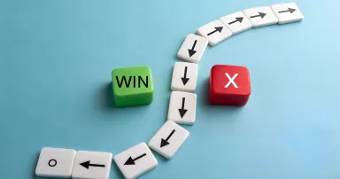 Success Path Concept – Arrows Leading to WIN Cube, Avoiding Mistake Symbol, Abstract Business Strategy, Decision Making, Risk vs Reward