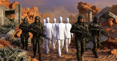 A group of innocent-looking androids wearing white is escorted through an exotic, dangerous wasteland by a detachment of heavily armed guards.
