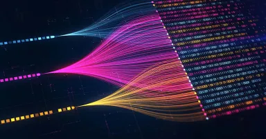 Abstract big data visualization with colorful data streams, binary code, analytics, machine learning, data processing, and digital network technology background. 3d rendering