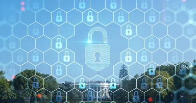 The White House on sunny day, Washington DC, USA. Executive branch. President administration. The concept of cyber security to protect confidential information, padlock hologram