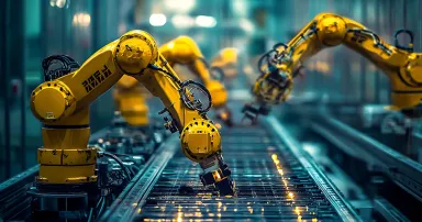 Yellow robotic arms performing automated tasks on a production line, showcasing advanced manufacturing technology in industry 4.0