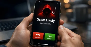 Smartphone scam call and phishing concept with unknown caller interface and hacker icon on screen