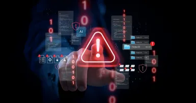 Data cybersecurity warning alert with ai monitoring system showing file risk detection and cyber threat notification for data protection system control and information security technology