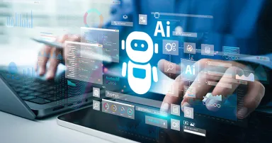 AI Artificial Intelligence technology for data analysis, research, planning, and work generate. Man uses a laptop and AI assistant dashboard. Technology smart robot AI agents and agentic workflows.