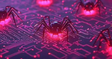 A Digital spiders crawling on glowing circuits, symbolizing malware and cyber threats. vibrant red highlights create sense of urgency and danger in tech world