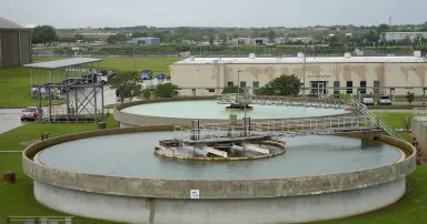 Circular clarifiers at the Southeast Water Purification Plant are shown