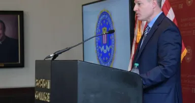 <p>FBI Cyber Division Assistant Director Bryan Vorndran delivers a keynote address at the 2024 Boston Conference on Cyber Security on June 5, 2024. (Credit: FBI)</p>
