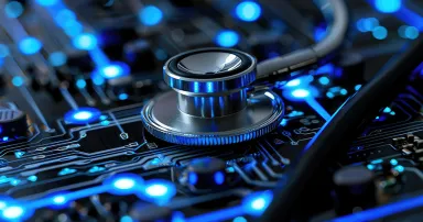 Close-up of stethoscope on a circuit board with blue lights, symbolizing the intersection of technology and healthcare for diagnostic solutions.