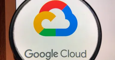 Magnified view of the Google Cloud logo on a computer screen