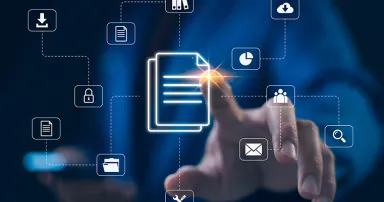 Businessman touching with icon document management, data sharing and secure storage. Concept of digital online document organization and efficient information in modern business. File storage system.