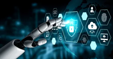 AI Cybersecurity Shield with Data Protection Icons and Circuit Lines. Corpus