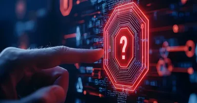 A close-up of a hand touching a digital screen displaying a glowing red question mark, symbolizing inquiry and cyber security challenges in technology.
