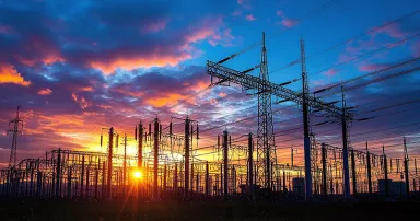 dusk view of electricity grid infrastructure emphasizing the critical protection needed for power transmission and distribution systems to ensure a reliable energy network