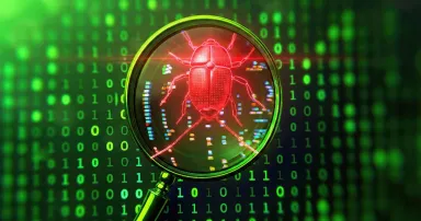 Magnifying glass red bug bounty, green binary code, identify and submit vulnerability reports