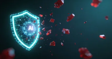 Glowing AI cybersecurity shield with red threat particles, dark teal digital network background, wide banner copyspace for secure technology defense