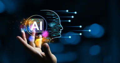 AI generative concept with programmer hand holding virtual command interface of machine learning to analyse data image generate and service chat bot in cyber system