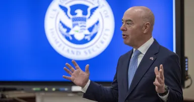 Homeland Security Secretary Alejandro Mayorkas meets with staff members at the U.S. Embassy in Panama on April 19, 2022. (Zachary Hupp/DHS)