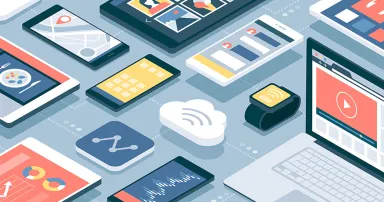 Network of computers and touch screen smart devices connecting online: mobile apps, technology and connections