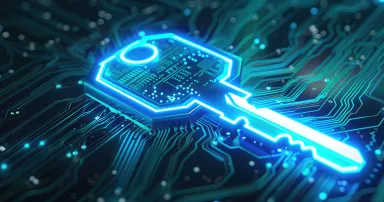 Glowing digital key on a dark circuit board symbolizing cybersecurity and data encryption. Cybersecurity awareness, data protection, digital security, IT, information safety, encryption concept.