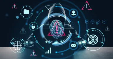 <p>Hooded hacker figure behind laptop with glowing fingerprint scan and digital security icons on dark background, concept of cybercrime and identity theft</p>
