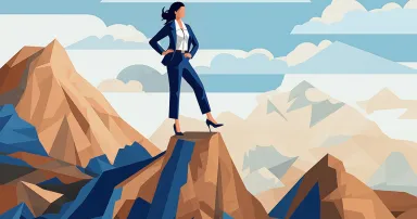 Business graphic vector modern style illustration of a business person on a mountain top representing conquering achievement progression overcoming hitting new goals or targets