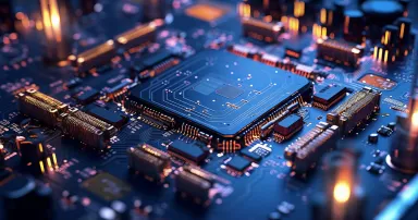 Detailed view of a computer motherboard showing its components. Generative AI