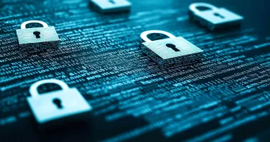 A glowing privacy policy document with digital padlocks surround