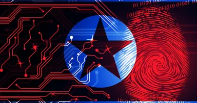 North Korea flag with circuitry and fingerprint