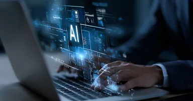 AI agent data tools and workflow automation concept with businessman typing on laptop and interacting with digital process interface for artificial intelligence development, integration, productivity