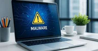 Laptop screen showing malware warning sign with digital circuit background on desk in modern office environment with natural light and creative concept.