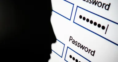 A woman is silhouetted against a projection of a password log-in dialog box.