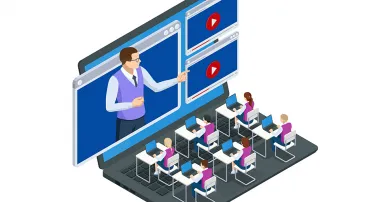 Isometric concept of distance school learning. E-learning, online education at home. Digital classroom online education.